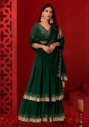 Dark Green Embroidered Sharara Suit with Gold Lace