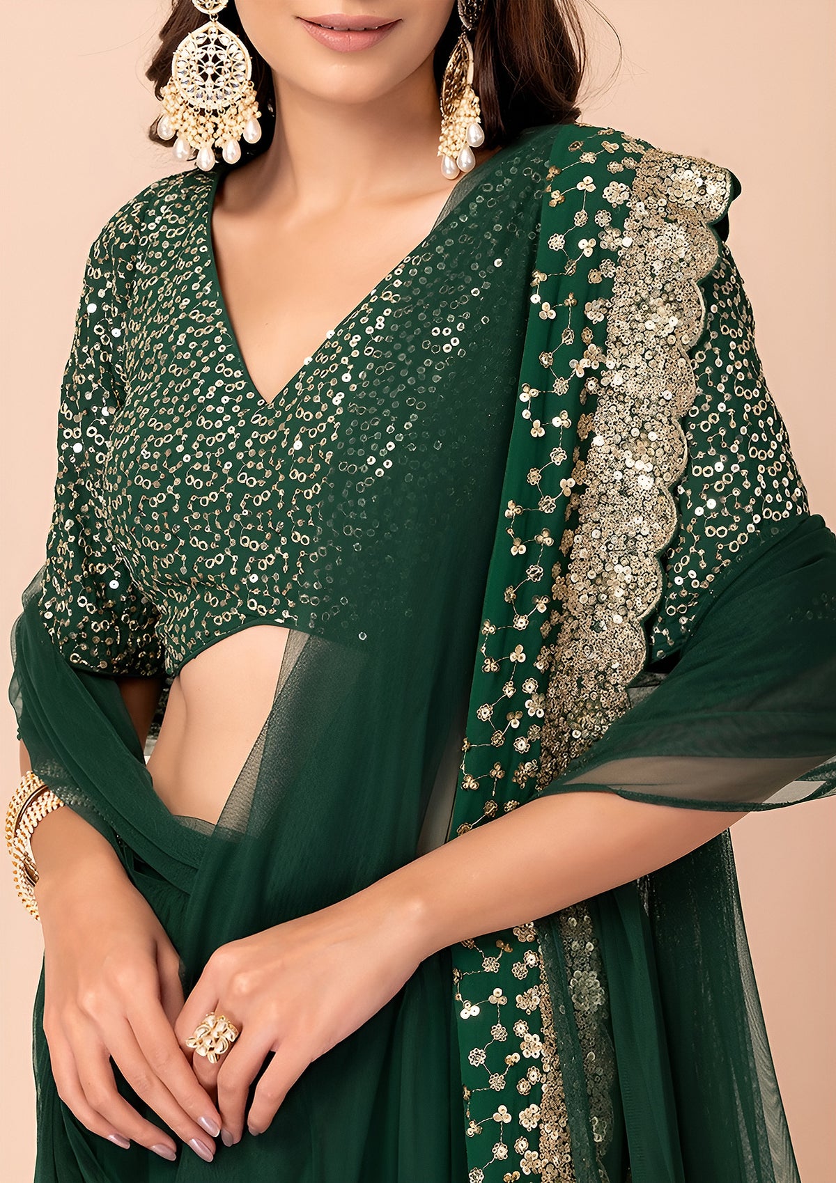 Dark Green Embroidered Sharara Suit with Gold Lace