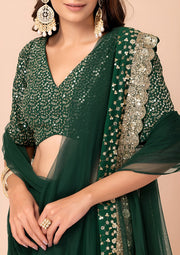 Dark Green Embroidered Sharara Suit with Gold Lace