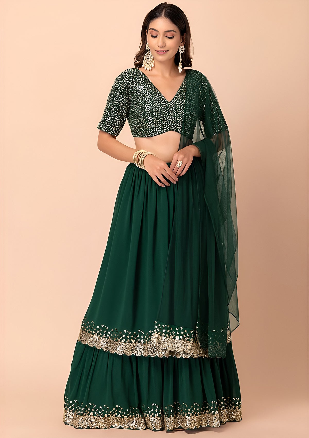 Dark Green Embroidered Sharara Suit with Gold Lace