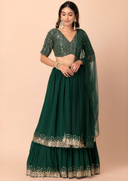Dark Green Embroidered Sharara Suit with Gold Lace