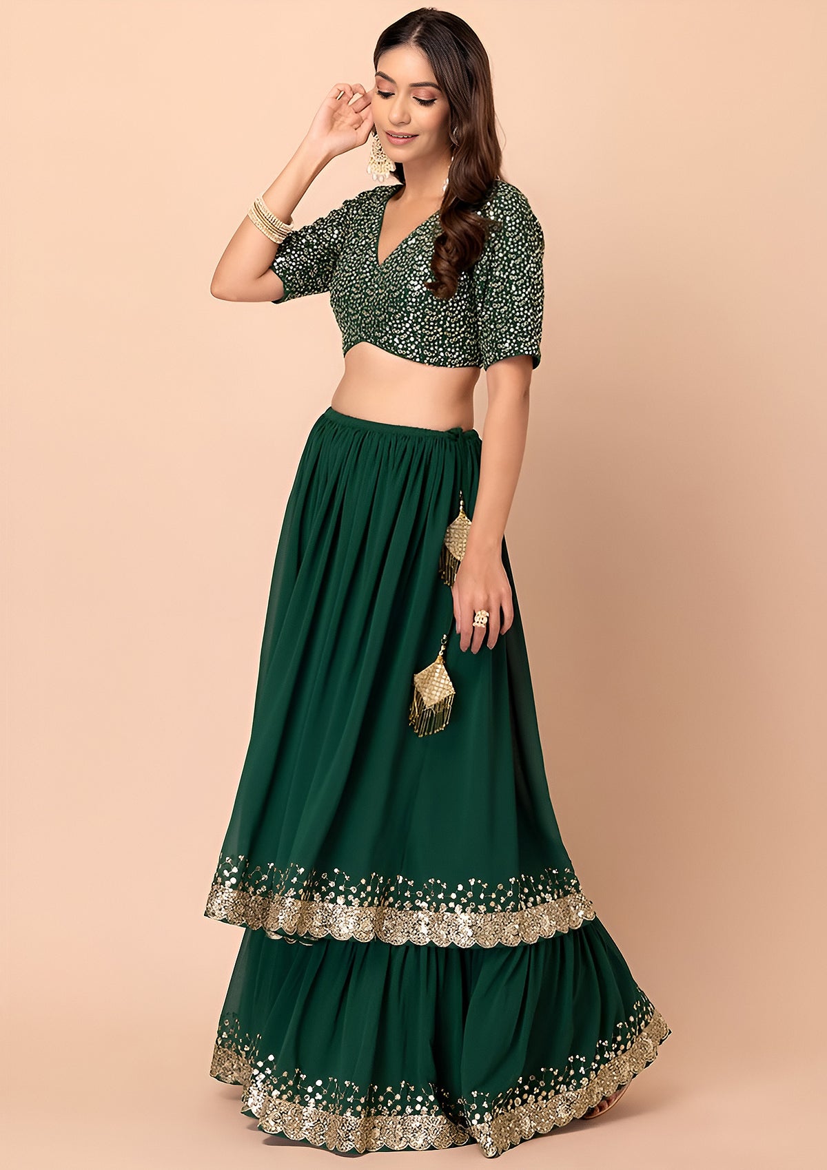 Dark Green Embroidered Sharara Suit with Gold Lace