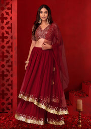 Maroon Red Sequin Lehenga Choli with Gold Lace Border