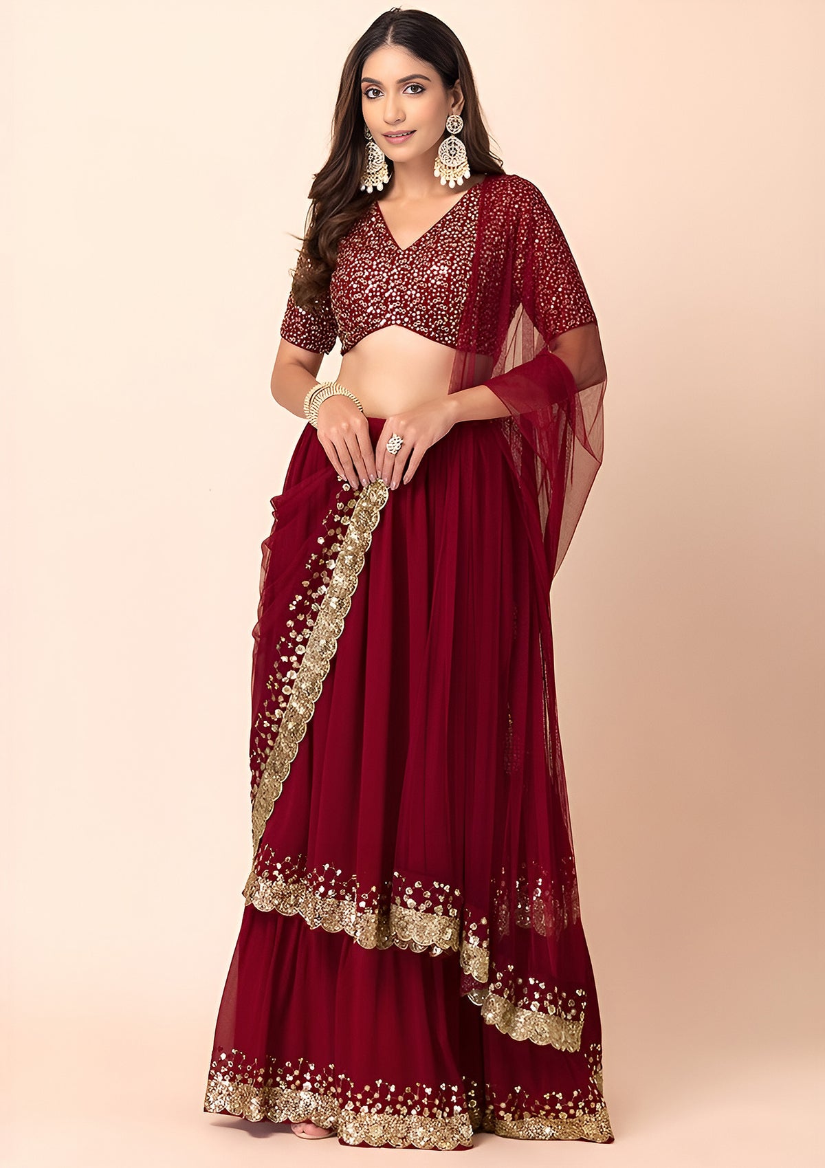 Maroon Red Sequin Lehenga Choli with Gold Lace Border