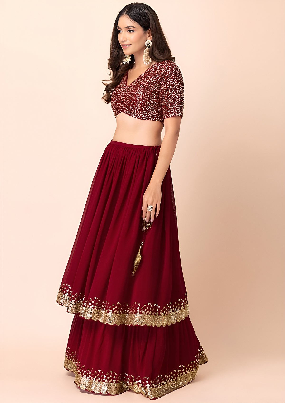 Maroon Red Sequin Lehenga Choli with Gold Lace Border