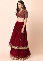 Maroon Red Sequin Lehenga Choli with Gold Lace Border
