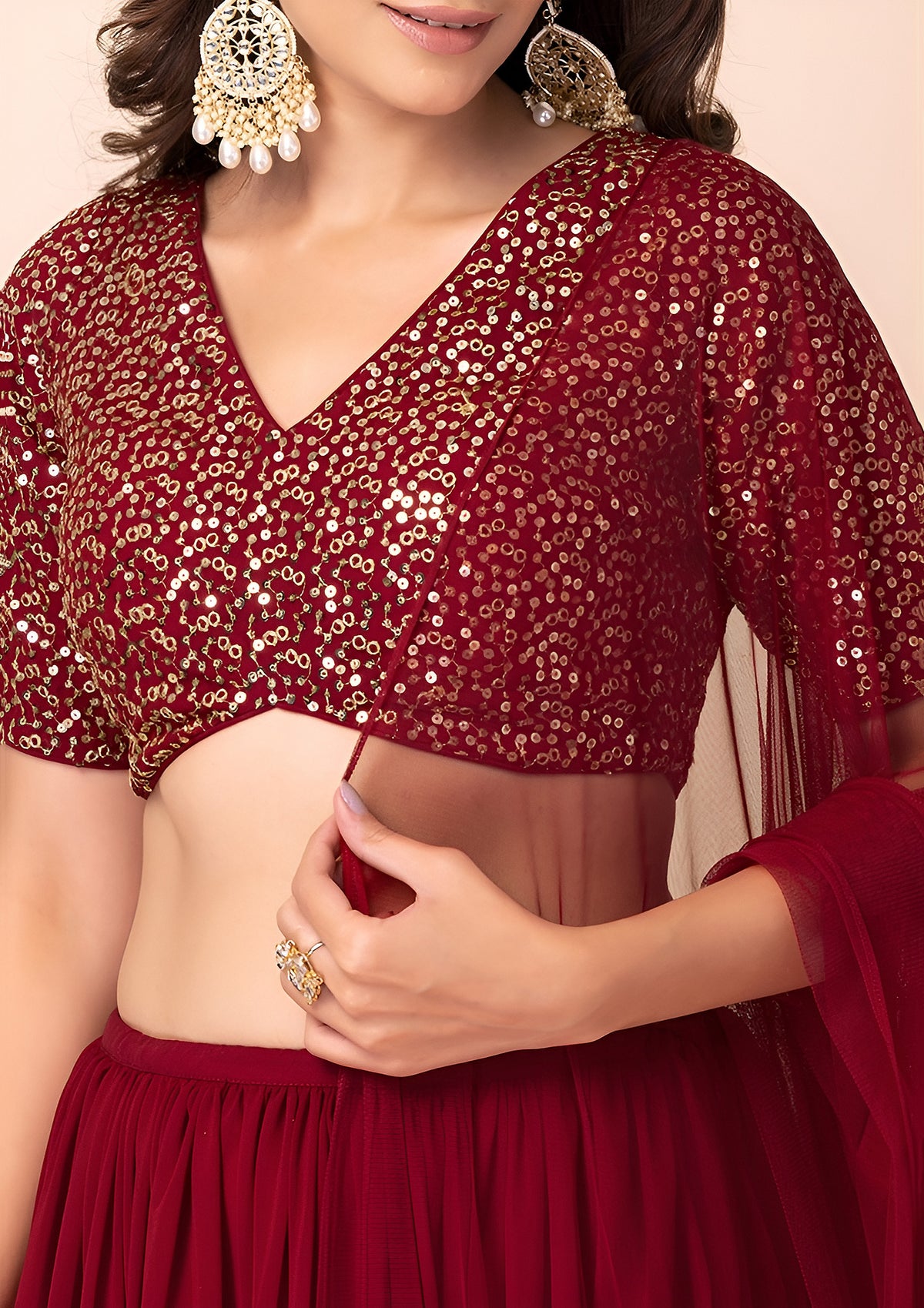 Maroon Red Sequin Lehenga Choli with Gold Lace Border