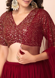 Maroon Red Sequin Lehenga Choli with Gold Lace Border