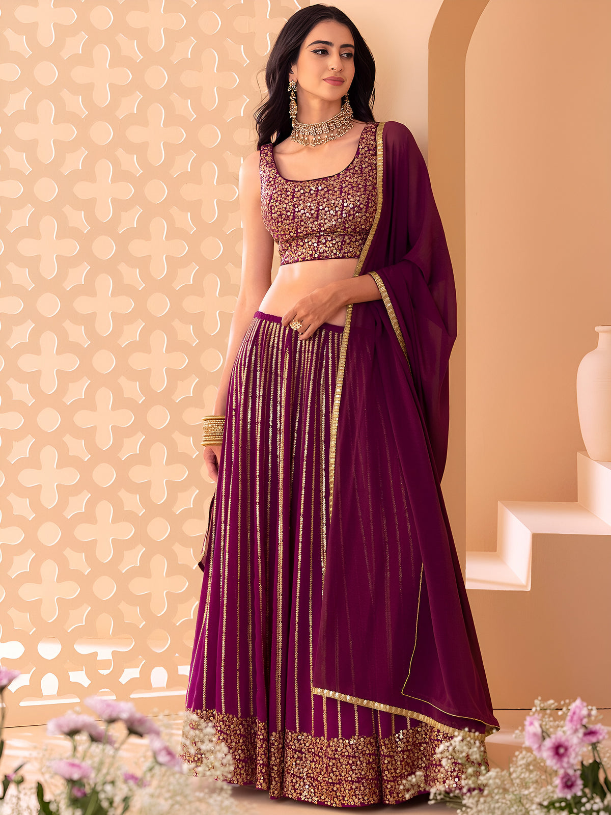 Wine Purple Embroidered Lehenga Choli with Gold Detailing