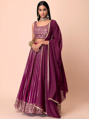 Wine Purple Embroidered Lehenga Choli with Gold Detailing
