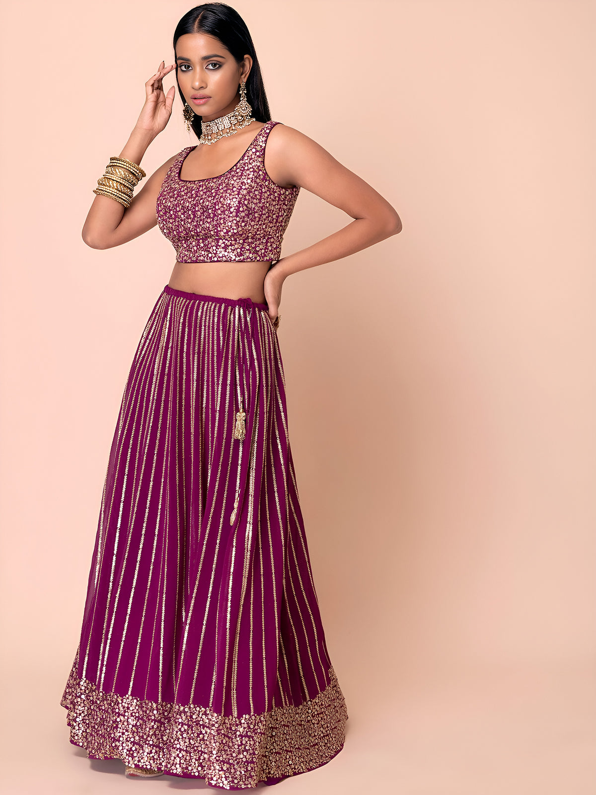 Wine Purple Embroidered Lehenga Choli with Gold Detailing