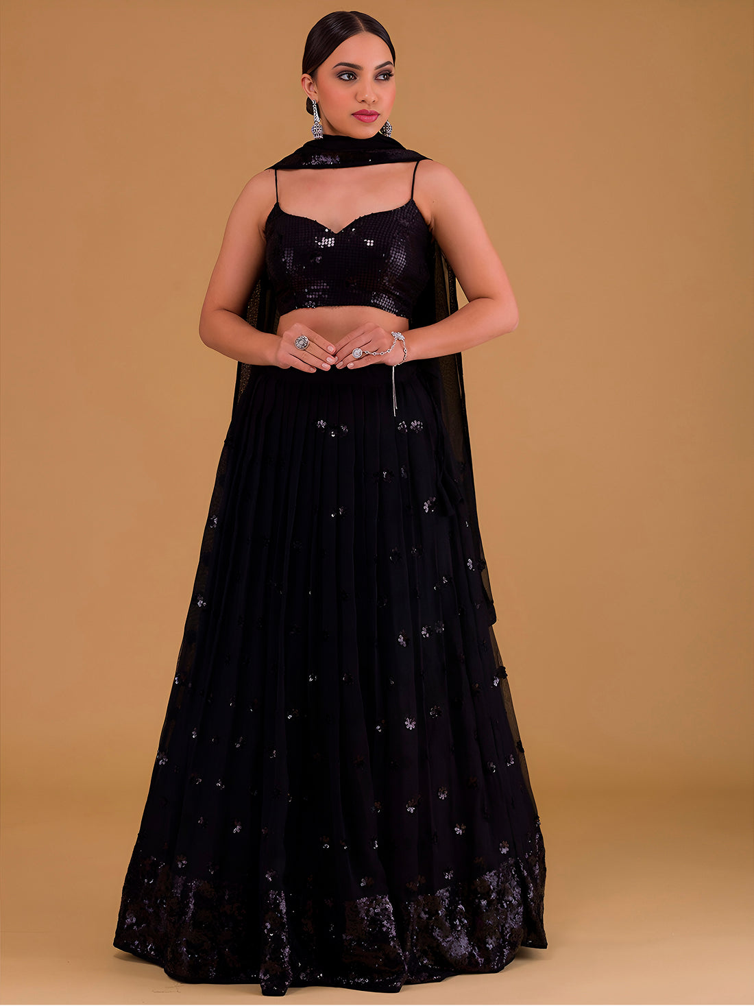 Black Sequin Embroidered Lehenga Choli Set with Dupatta