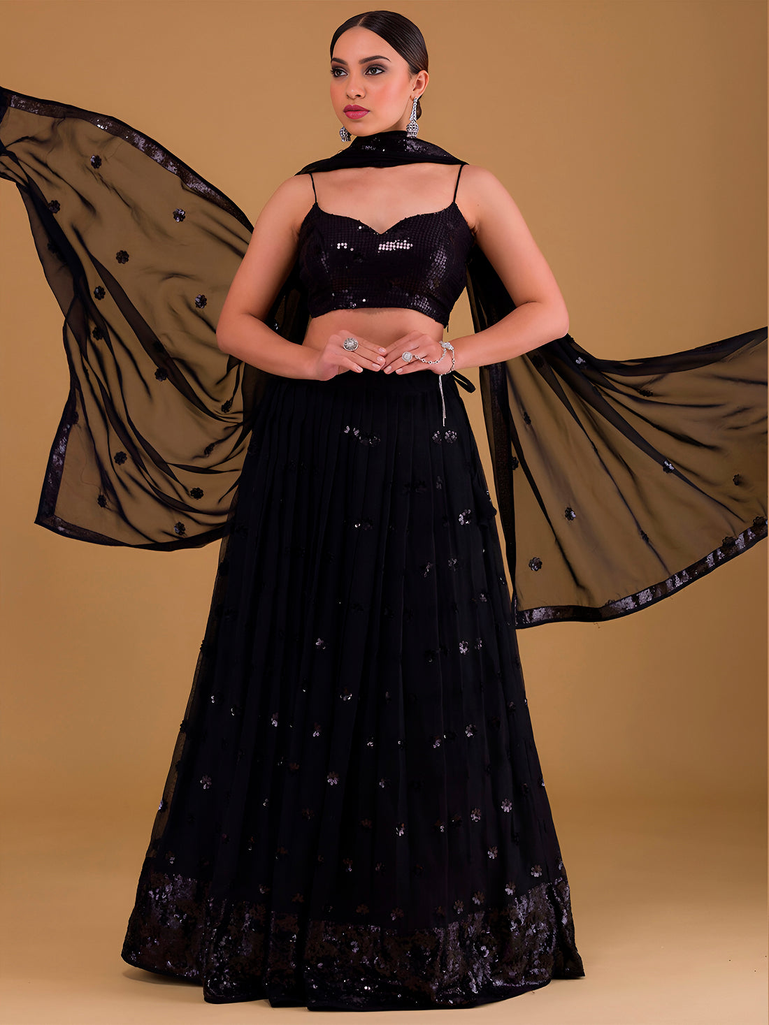 Black Sequin Embroidered Lehenga Choli Set with Dupatta