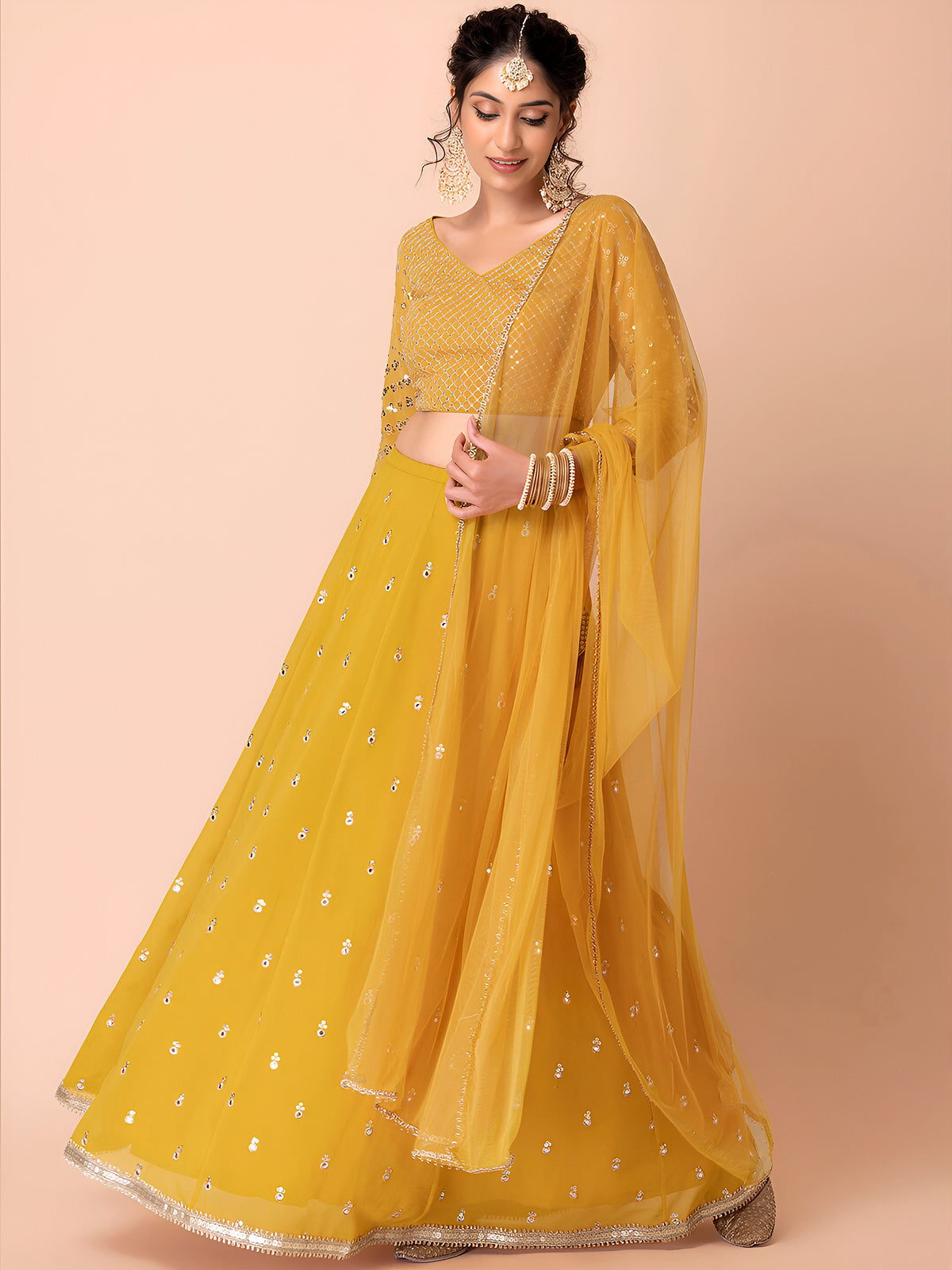 Mustard Yellow Sequin Embroidered Lehenga Choli Set with Dupatta