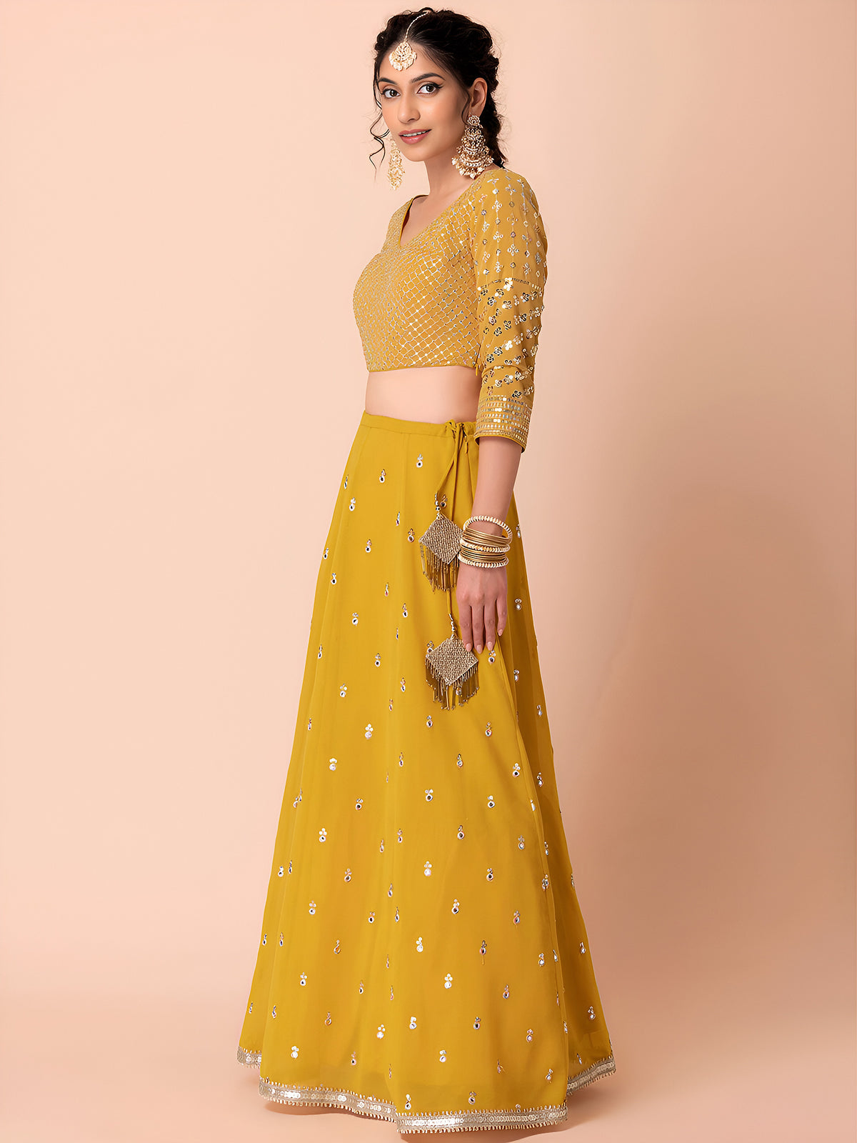 Mustard Yellow Sequin Embroidered Lehenga Choli Set with Dupatta