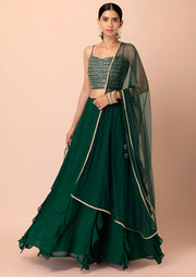 Bottle Green Ruffle Lehenga Choli with Sheer Dupatta