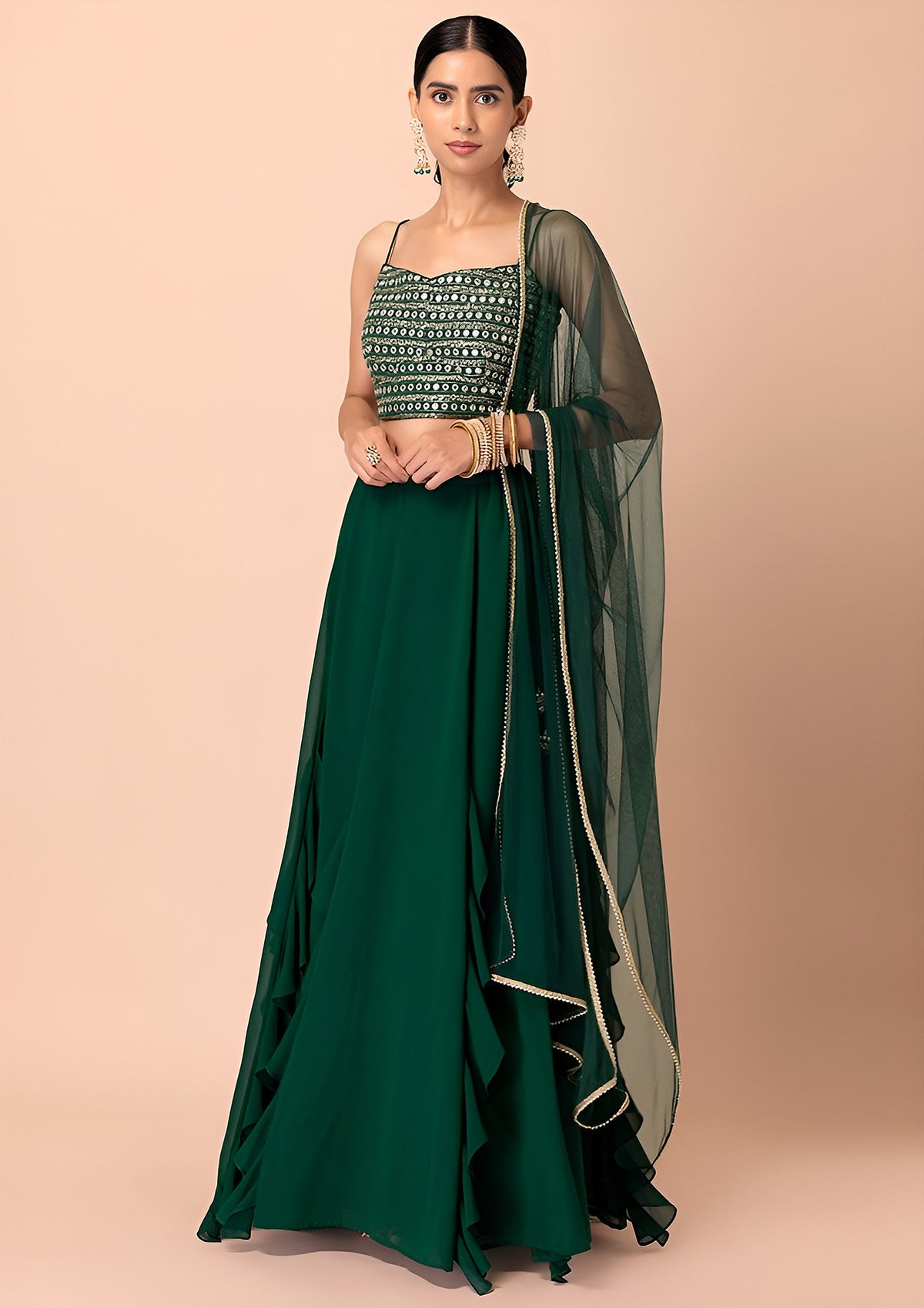 Bottle Green Ruffle Lehenga Choli with Sheer Dupatta