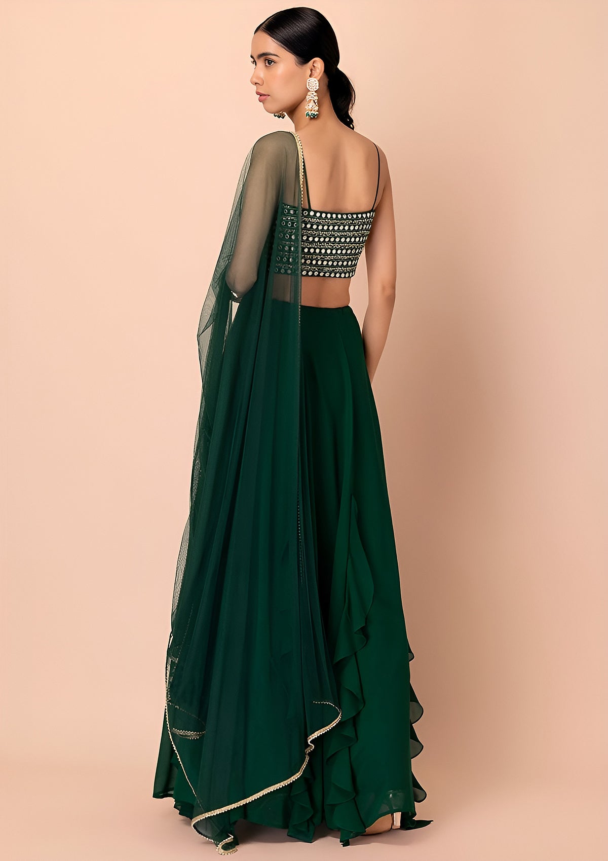Bottle Green Ruffle Lehenga Choli with Sheer Dupatta