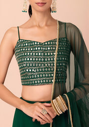 Bottle Green Ruffle Lehenga Choli with Sheer Dupatta