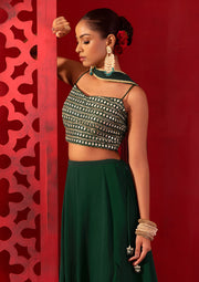 Bottle Green Ruffle Lehenga Choli with Sheer Dupatta