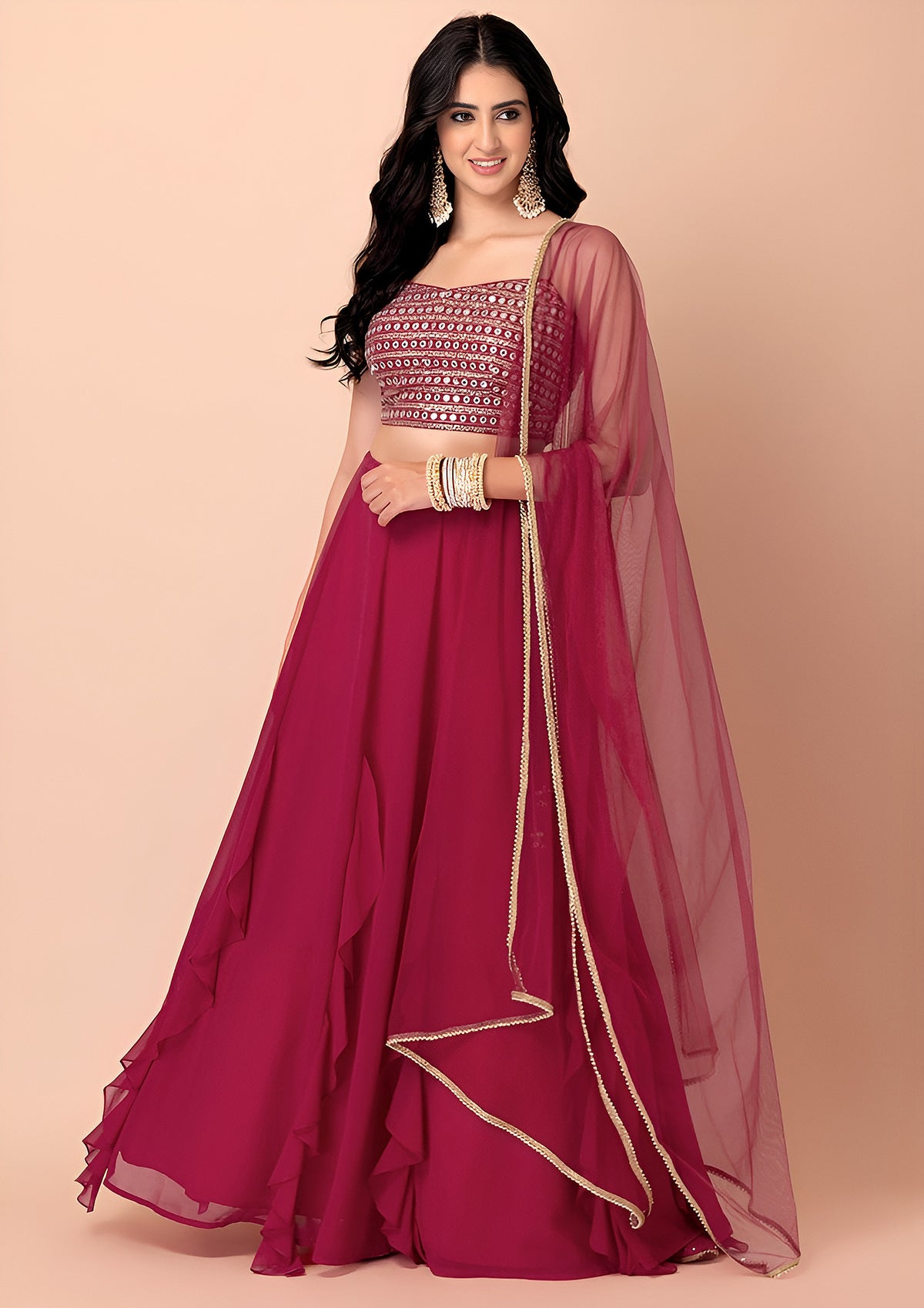 Rani Pink Ruffle Lehenga Choli with Sheer Dupatta