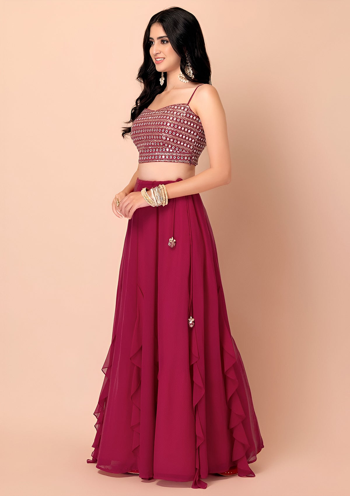 Rani Pink Ruffle Lehenga Choli with Sheer Dupatta
