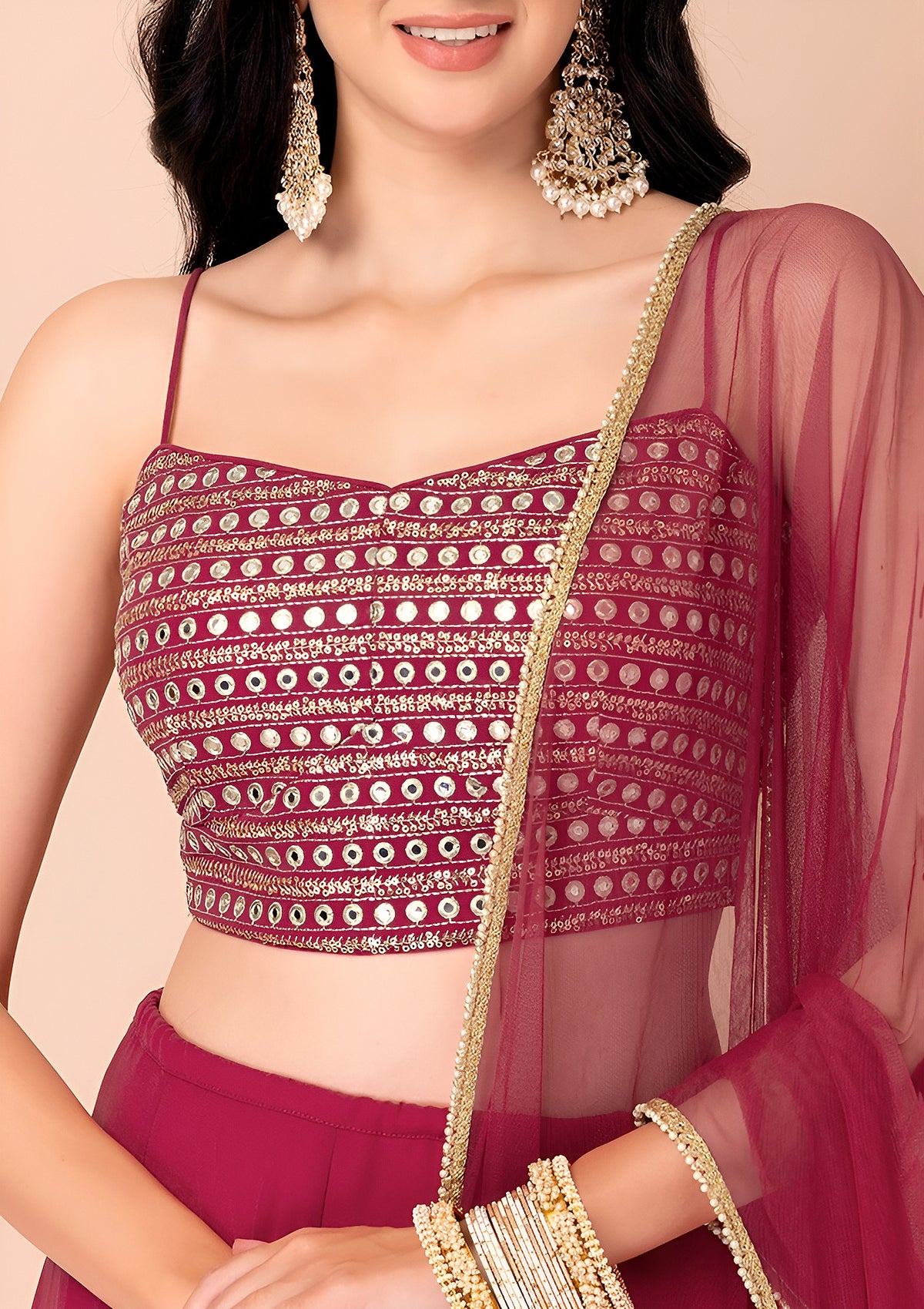 Rani Pink Ruffle Lehenga Choli with Sheer Dupatta