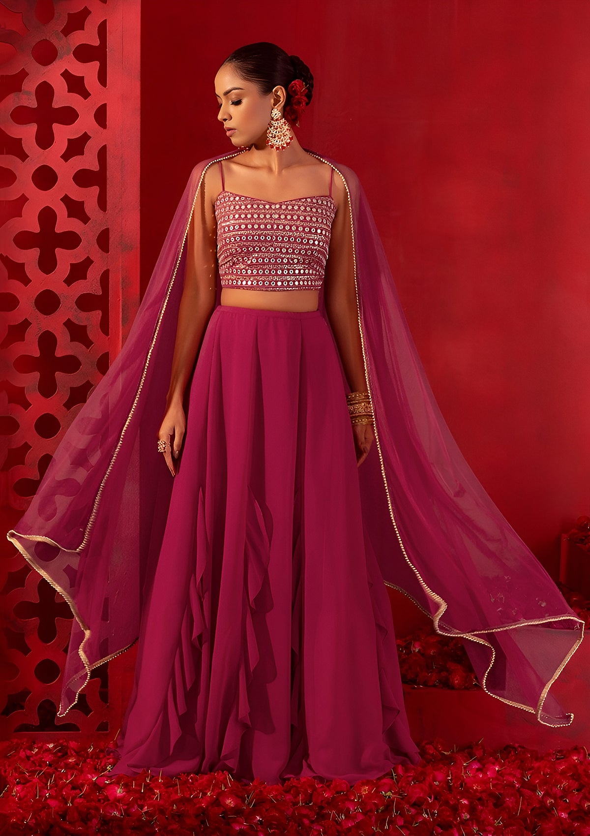 Rani Pink Ruffle Lehenga Choli with Sheer Dupatta