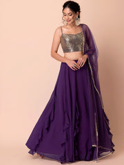 Elegant Purple Ruffle Lehenga Choli with Golden Embroidered Blouse & Dupatta