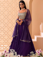 Elegant Purple Ruffle Lehenga Choli with Golden Embroidered Blouse & Dupatta