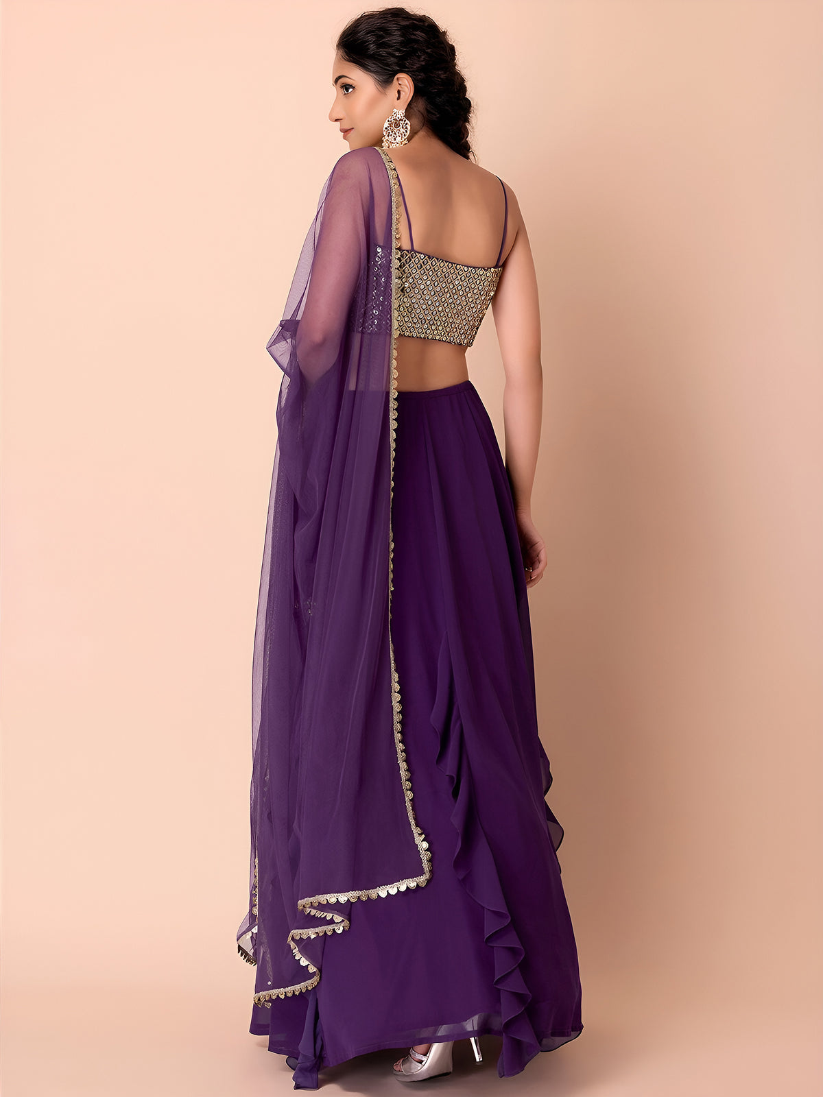 Elegant Purple Ruffle Lehenga Choli with Golden Embroidered Blouse & Dupatta