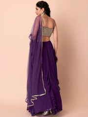 Elegant Purple Ruffle Lehenga Choli with Golden Embroidered Blouse & Dupatta