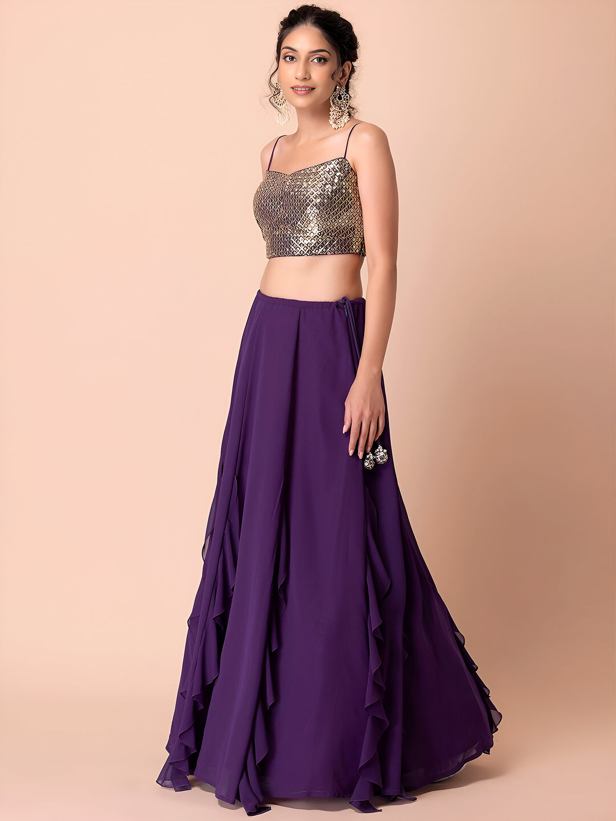 Elegant Purple Ruffle Lehenga Choli with Golden Embroidered Blouse & Dupatta