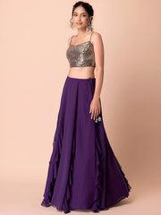 Elegant Purple Ruffle Lehenga Choli with Golden Embroidered Blouse & Dupatta