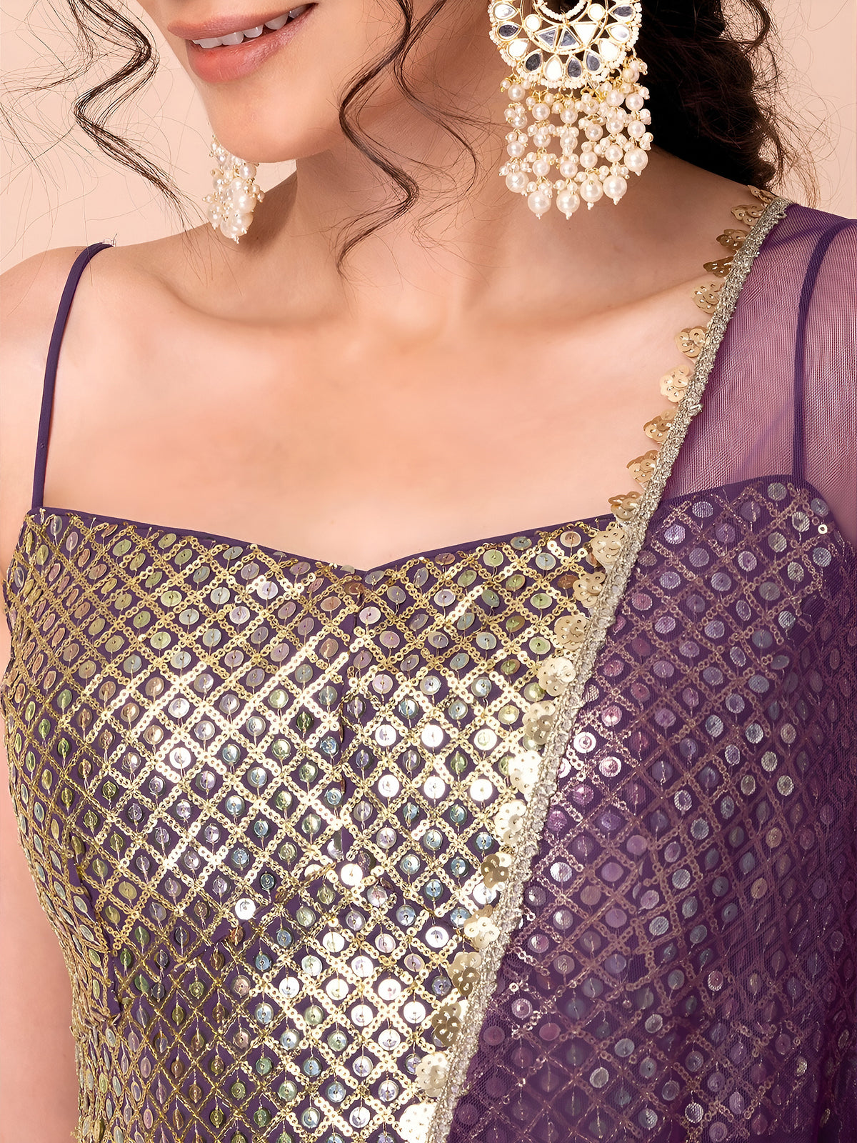 Elegant Purple Ruffle Lehenga Choli with Golden Embroidered Blouse & Dupatta