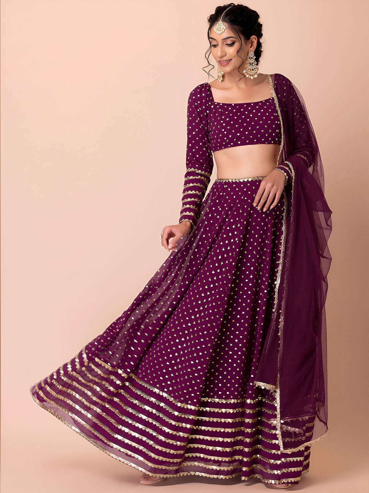 Wine Gold Embellished Lehenga Choli Set with Dupatta