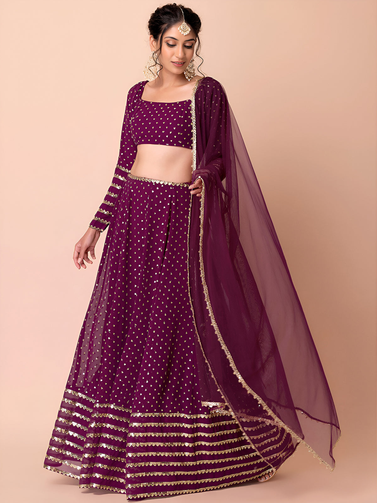 Wine Gold Embellished Lehenga Choli Set with Dupatta