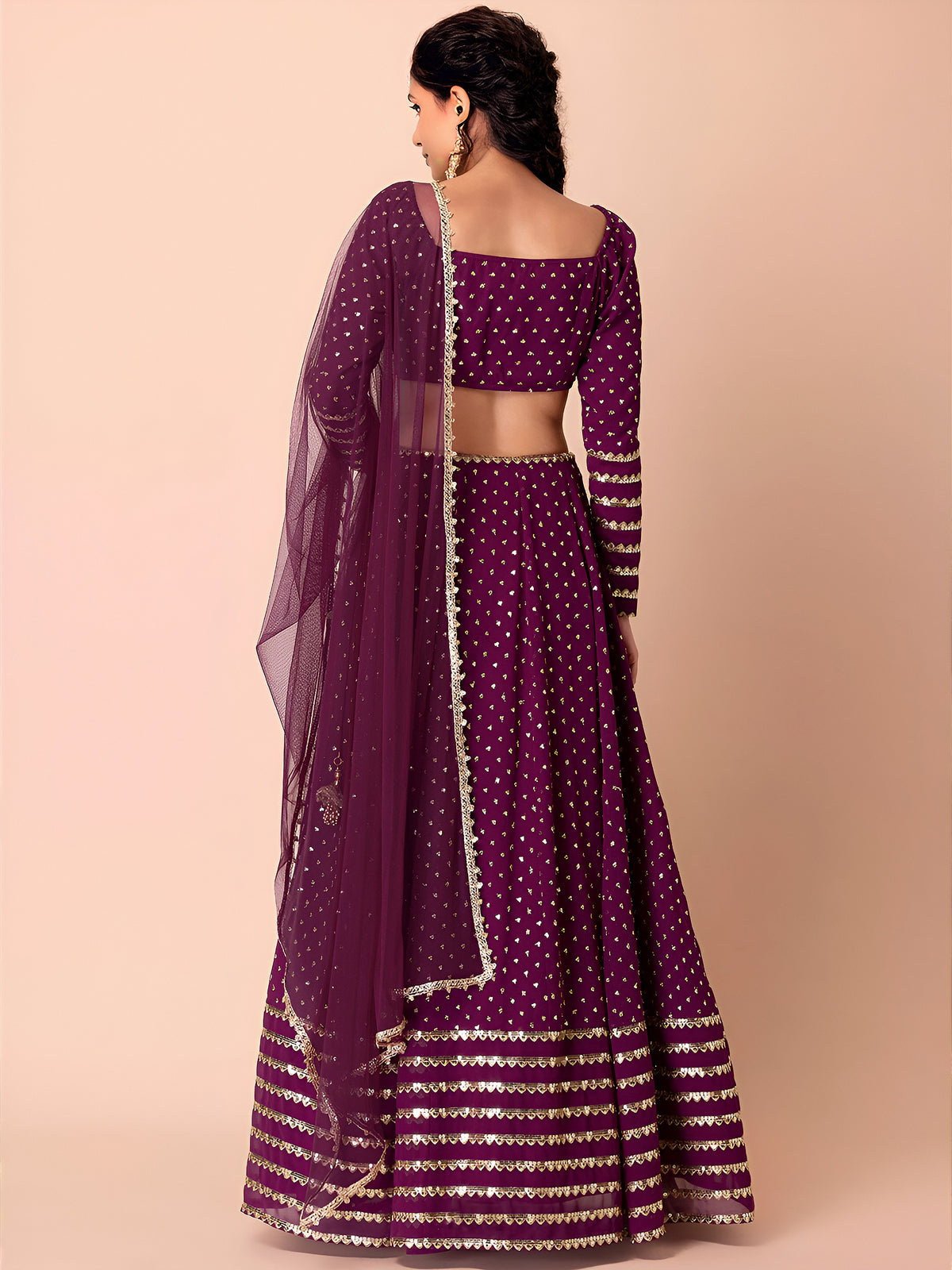 Wine Gold Embellished Lehenga Choli Set with Dupatta
