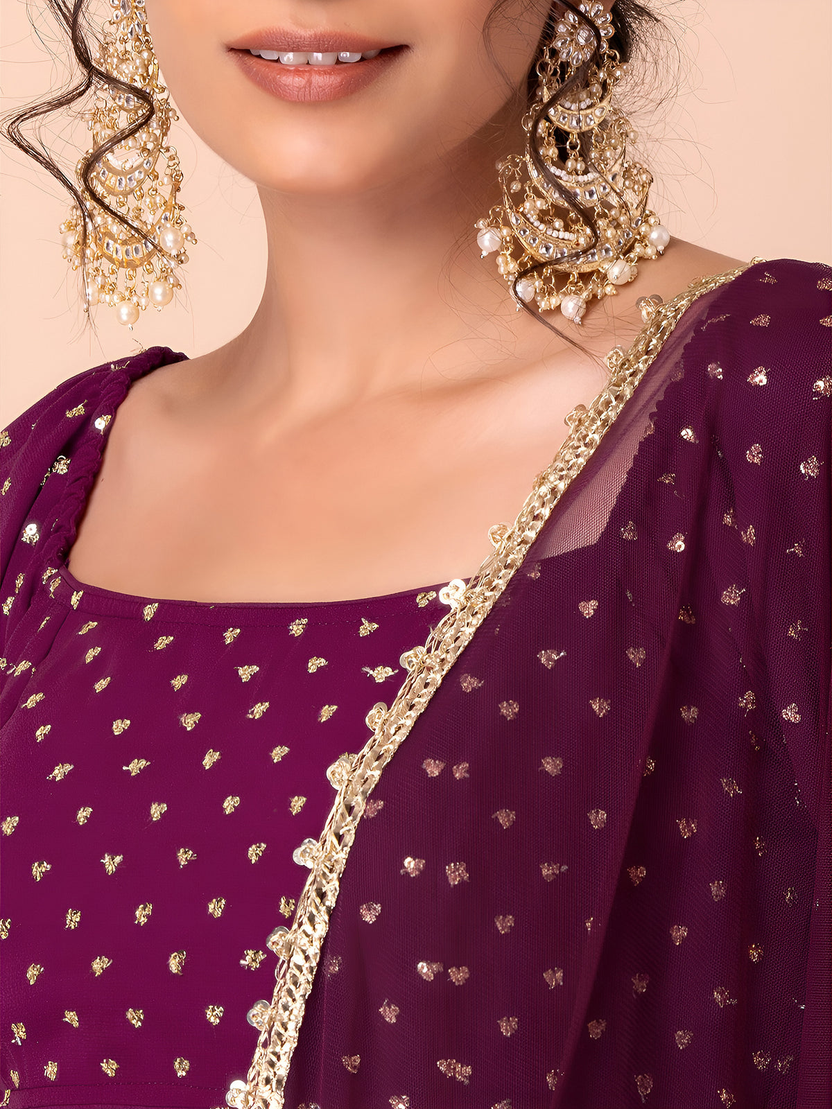 Wine Gold Embellished Lehenga Choli Set with Dupatta