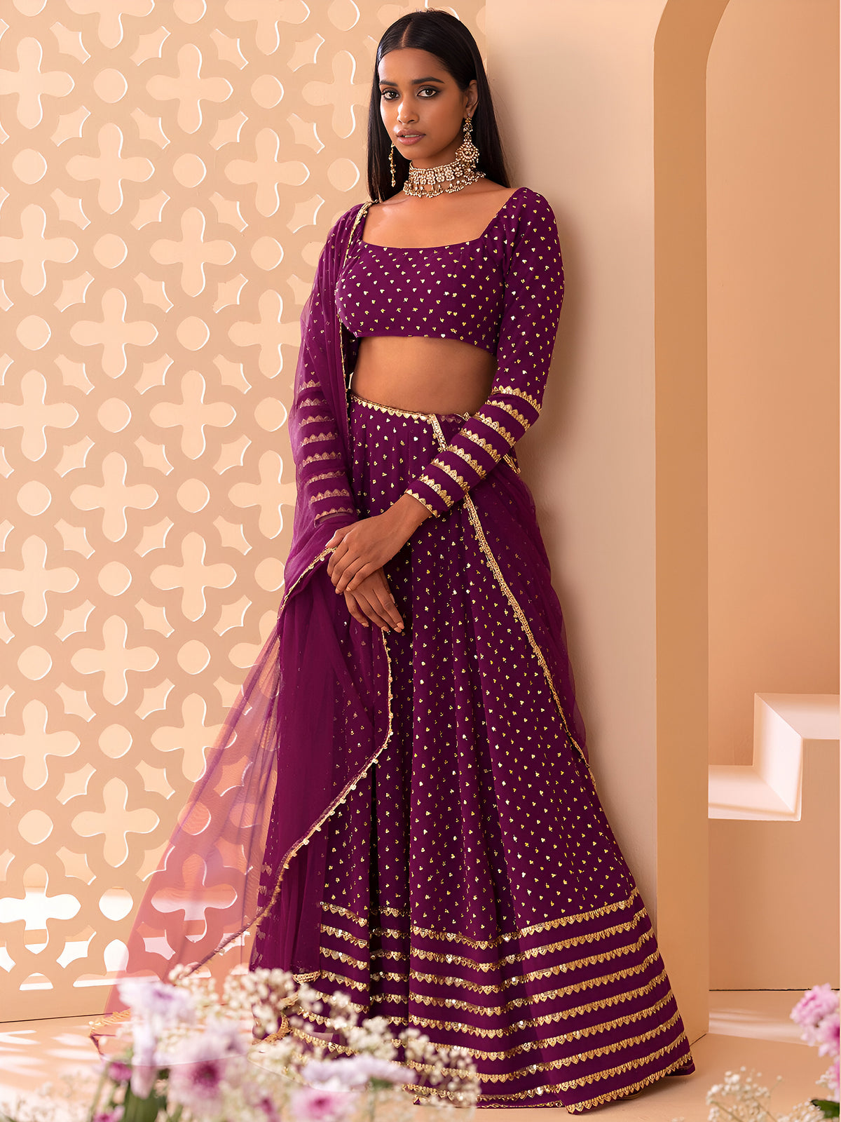 Wine Gold Embellished Lehenga Choli Set with Dupatta