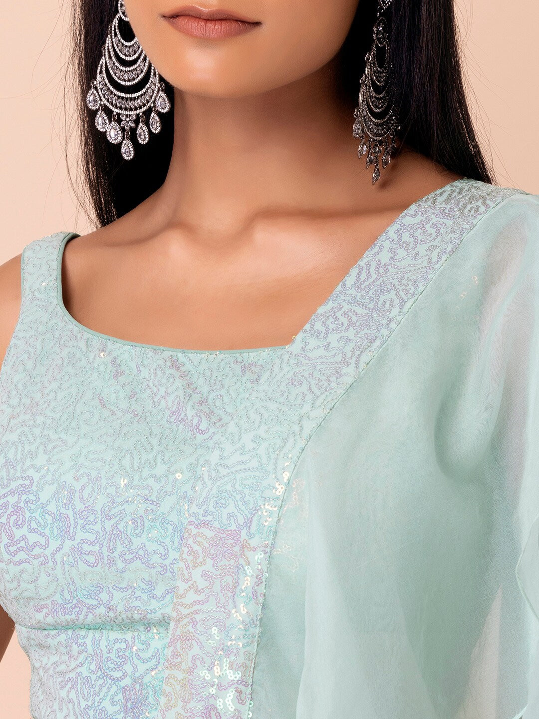 Ice Blue Shimmer Embellished Lehenga Choli Set with Dupatta