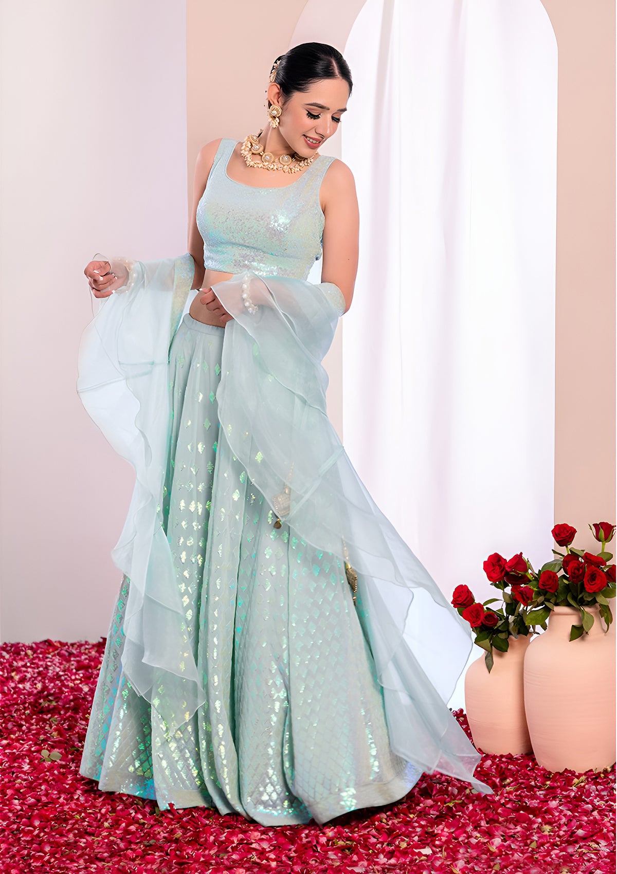 Ice Blue Shimmer Embellished Lehenga Choli Set with Dupatta