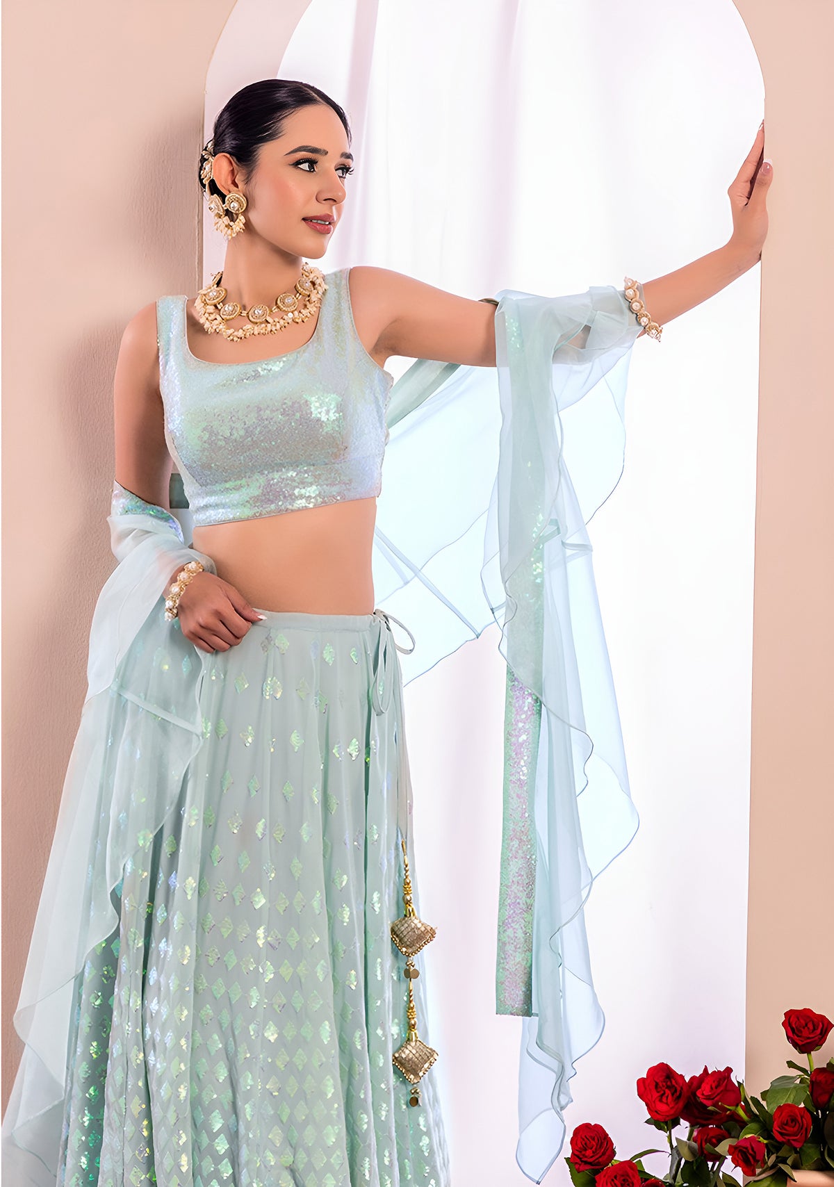 Ice Blue Shimmer Embellished Lehenga Choli Set with Dupatta