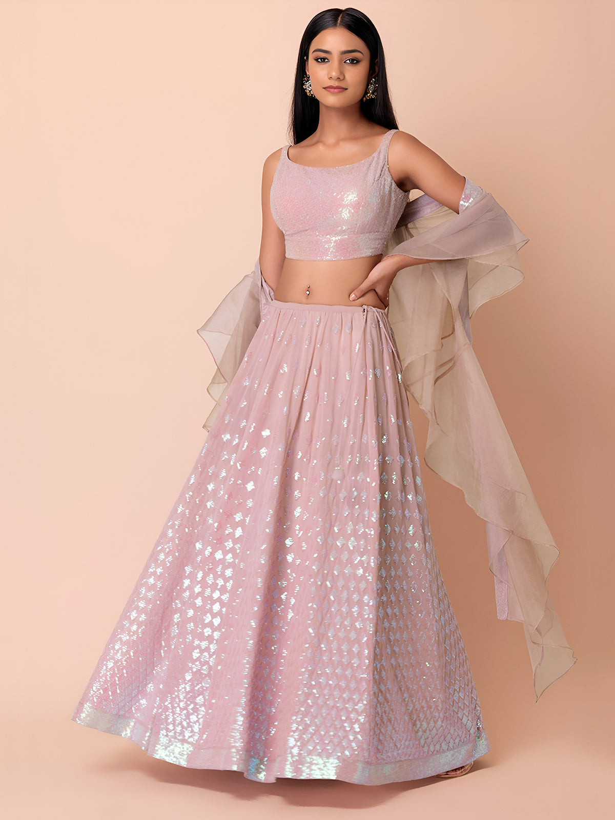 Pastel Pink Sequin Lehenga Choli with Dupatta