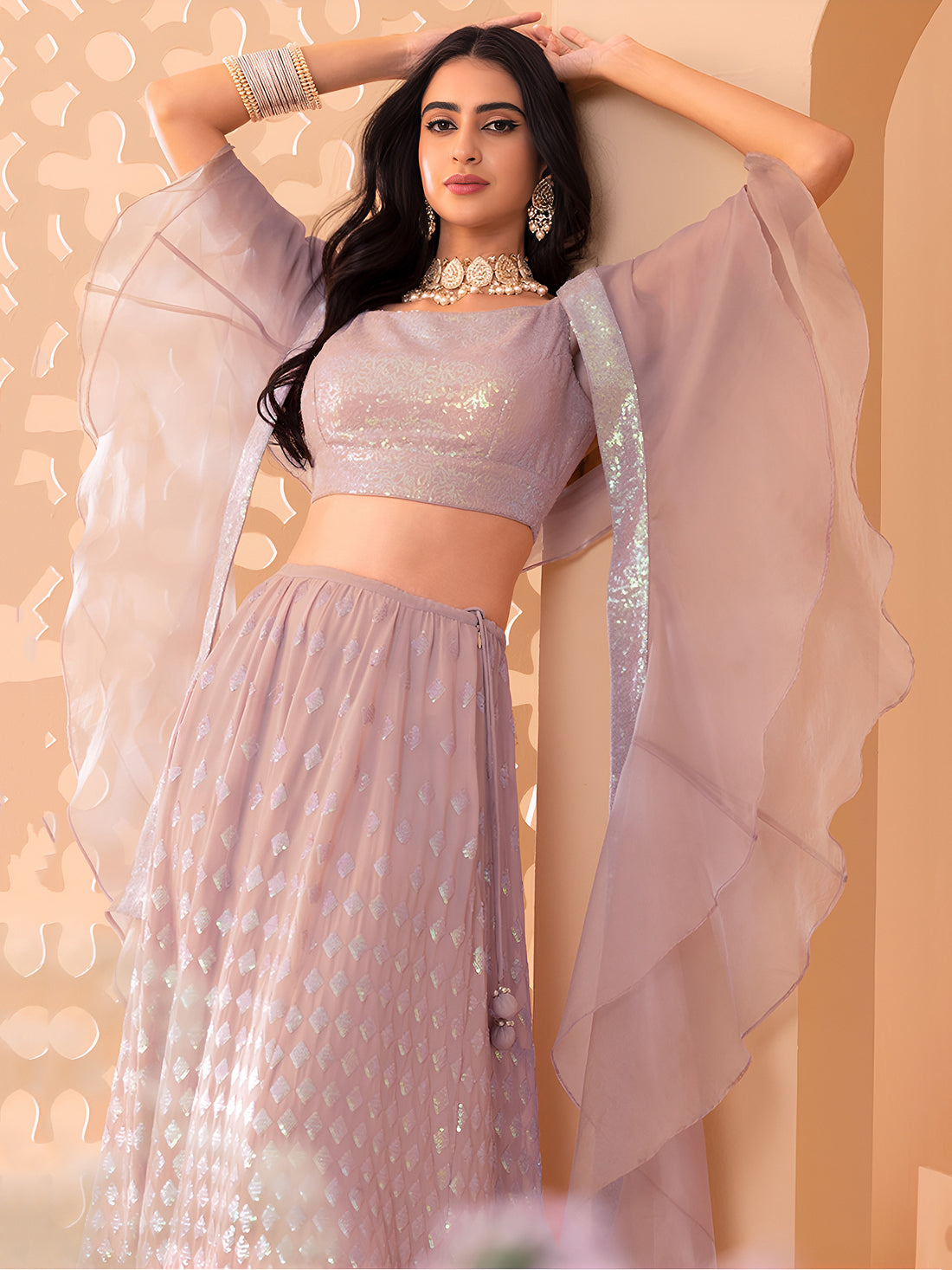 Pastel Pink Sequin Lehenga Choli with Dupatta