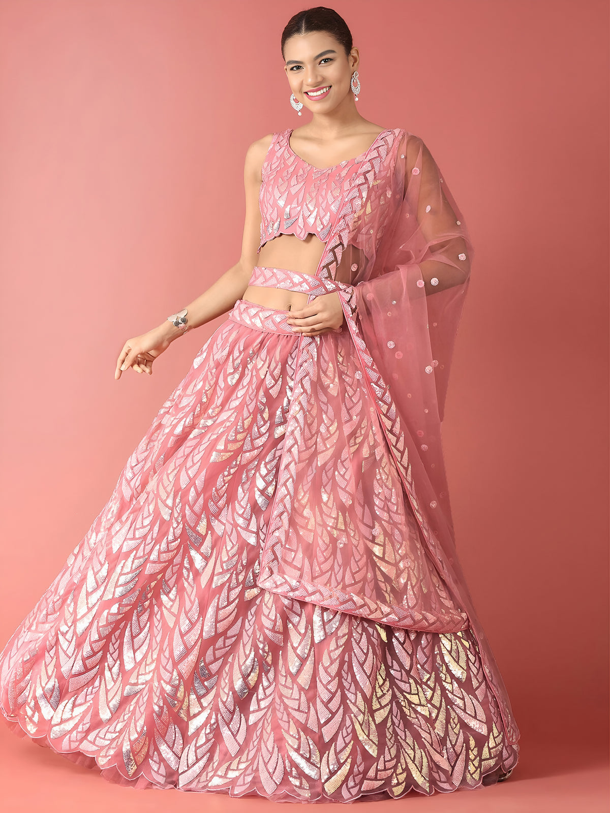 Pink Sequin Embroidered Lehenga Choli with Dupatta