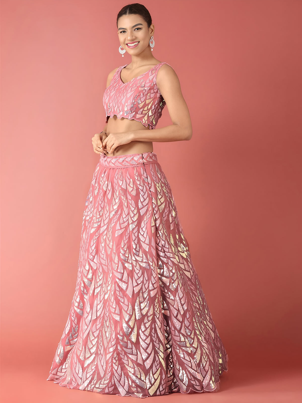 Pink Sequin Embroidered Lehenga Choli with Dupatta