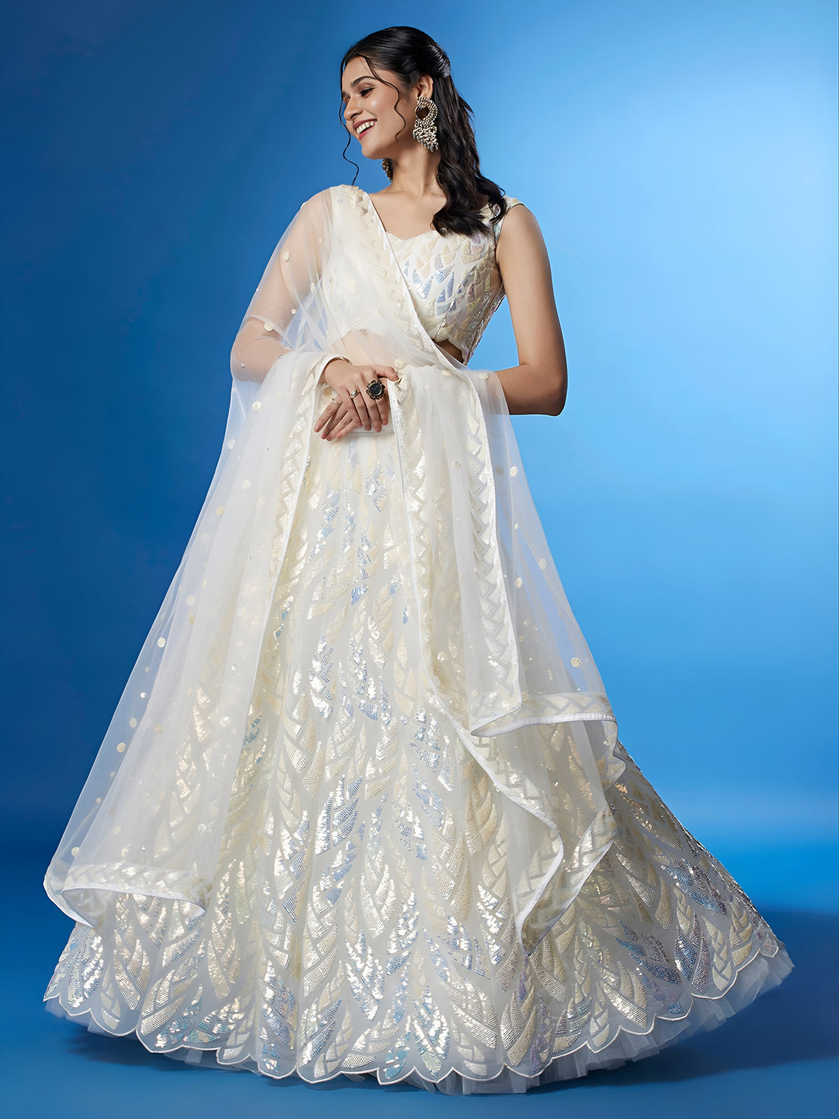 Ivory White Sequin Embroidered Lehenga Choli with Dupatta