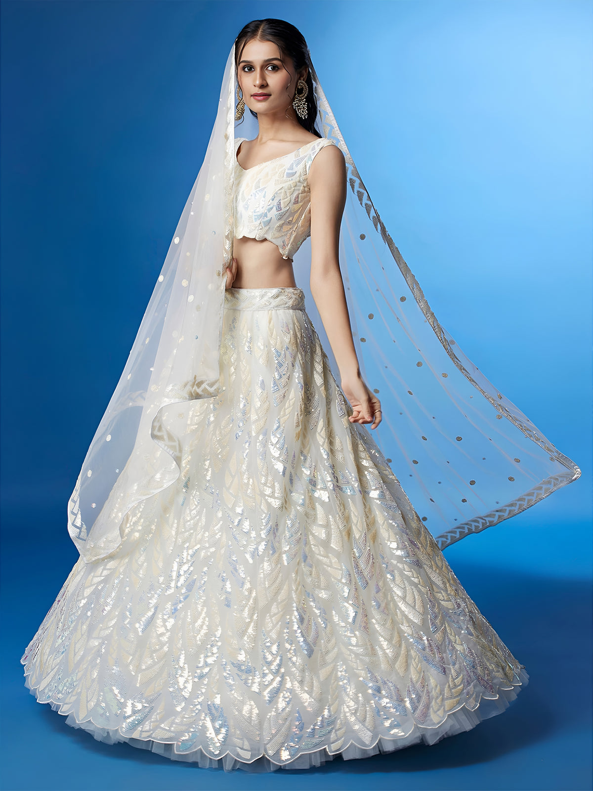 Ivory White Sequin Embroidered Lehenga Choli with Dupatta