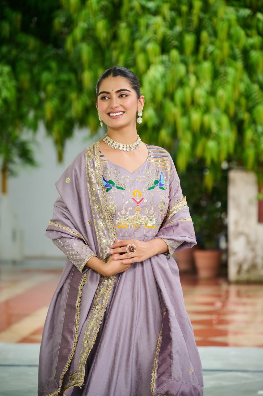 Graceful Sequins & Zari Embroidered Vichitra Silk Gown